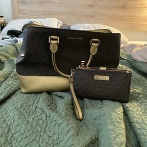 Brown and gold Michael Kors midsize bag and wallet
